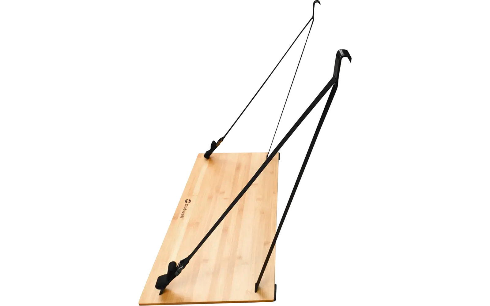 Ein hölzernes Brett mit zwei Metallstangen und einer Schnur, vermutlich ein Trainingsgerät