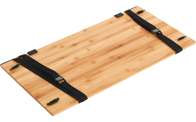 Rechteckiges Holzbrett mit zwei schwarzen Gurten und Schnallen