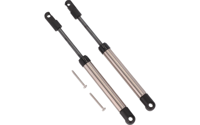 Zwei Gasdruckfedern mit Befestigungsschrauben auf weißem Hintergrund