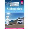 Couverture de livre montrant un camping-car blanc sur une route côtière devant montagnes et mer, ciel bleu avec soleil, titre "Wohnmobil Tourguide Südspanien", sous-titre "Andalusien · Extremadura · Kastilien-La Mancha", logo rose "Reise Know-How" en haut à droite et trois icônes rondes de camping-car à gauche