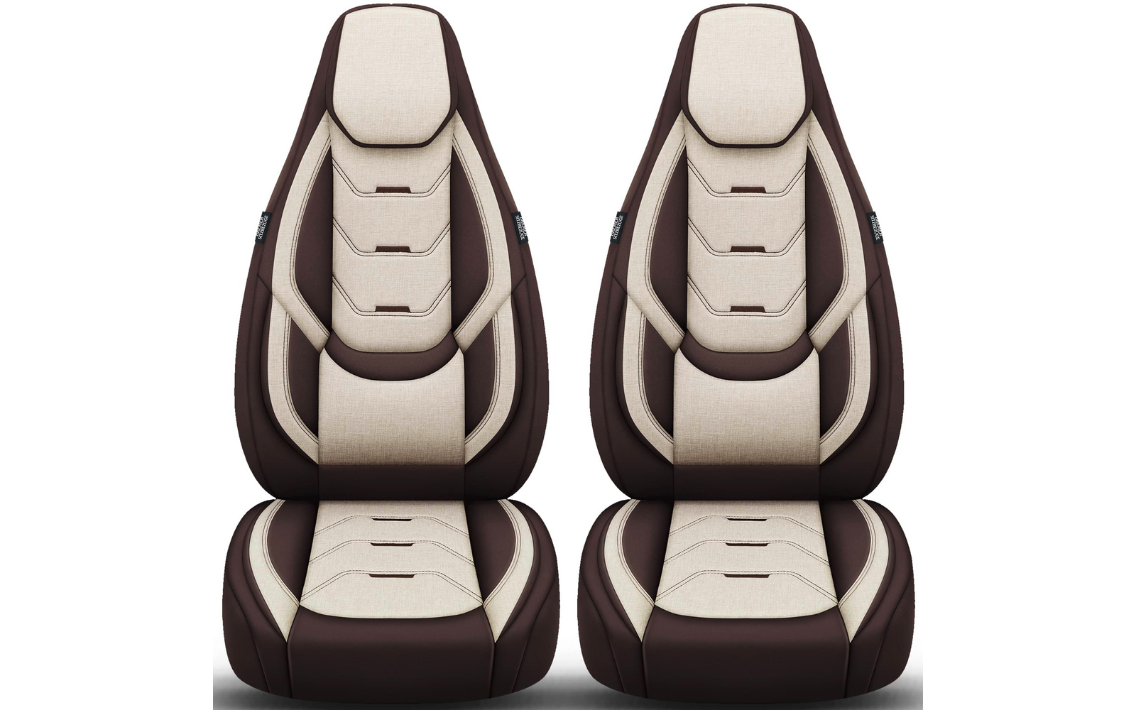 Zwei identische Auto-Vordersitze in Beige und Dunkelbraun mit integrierten Kopfstützen und gesteppter Polsterung