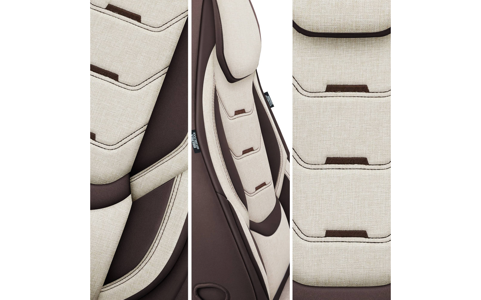 Drei vertikale Bildausschnitte mit Nahaufnahmen von gepolstertem hellbeigem und braunem Stoff, sichtbaren abgesteppten Nähten, mehreren schlitzförmigen Öffnungen und geschichteten Polstern