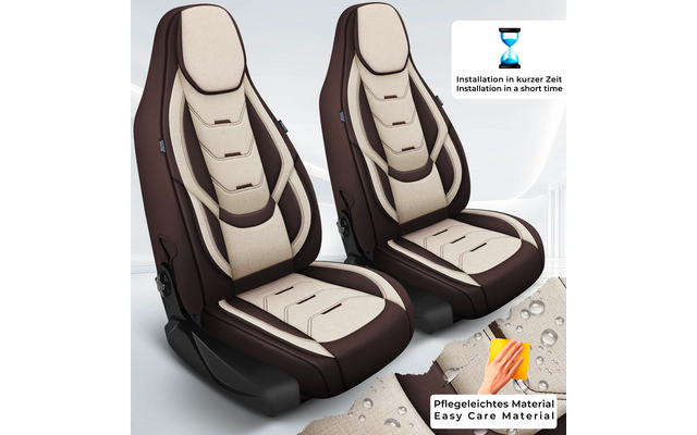 Zwei Autositze mit braun-beigen Bezügen nebeneinander; oben rechts Sanduhr-Icon mit Text; unten rechts Hand wischt Material mit Wassertropfen