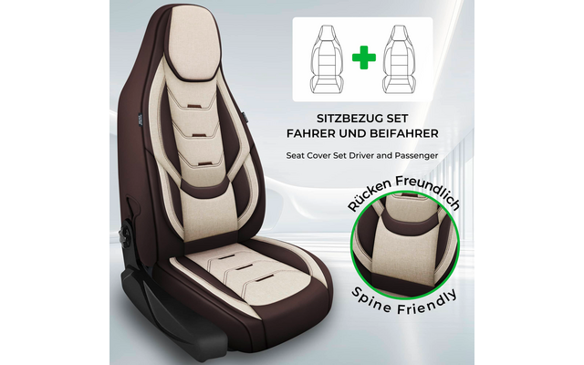 Braun-beige Sitzbezug auf Autositz, kleine Grafik mit zwei Sitz-Icons und Plus, Text 'SITZBEZUG SET FAHRER UND BEIFAHRER' und 'Seat Cover Set Driver and Passenger', runder Badge 'Rücken Freundlich' / 'Spine Friendly'