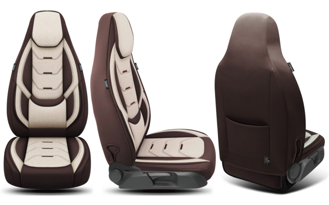 Drei Ansichten eines braun-beigen Autositzes: Vorderansicht, Seitenansicht und Rückansicht