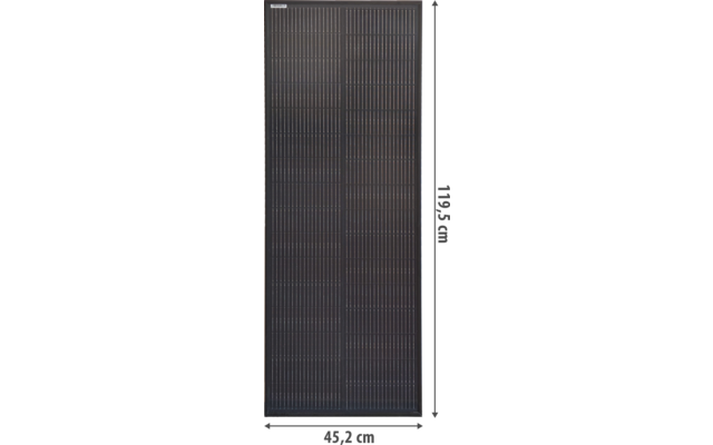 Rechteckiges dunkles Solarmodul mit gleichmäßigem Zellgitter, schwarzem Rahmen und kleinem weißen Etikett oben links; Messpfeile zeigen 170 cm Höhe und 62.5 cm Breite