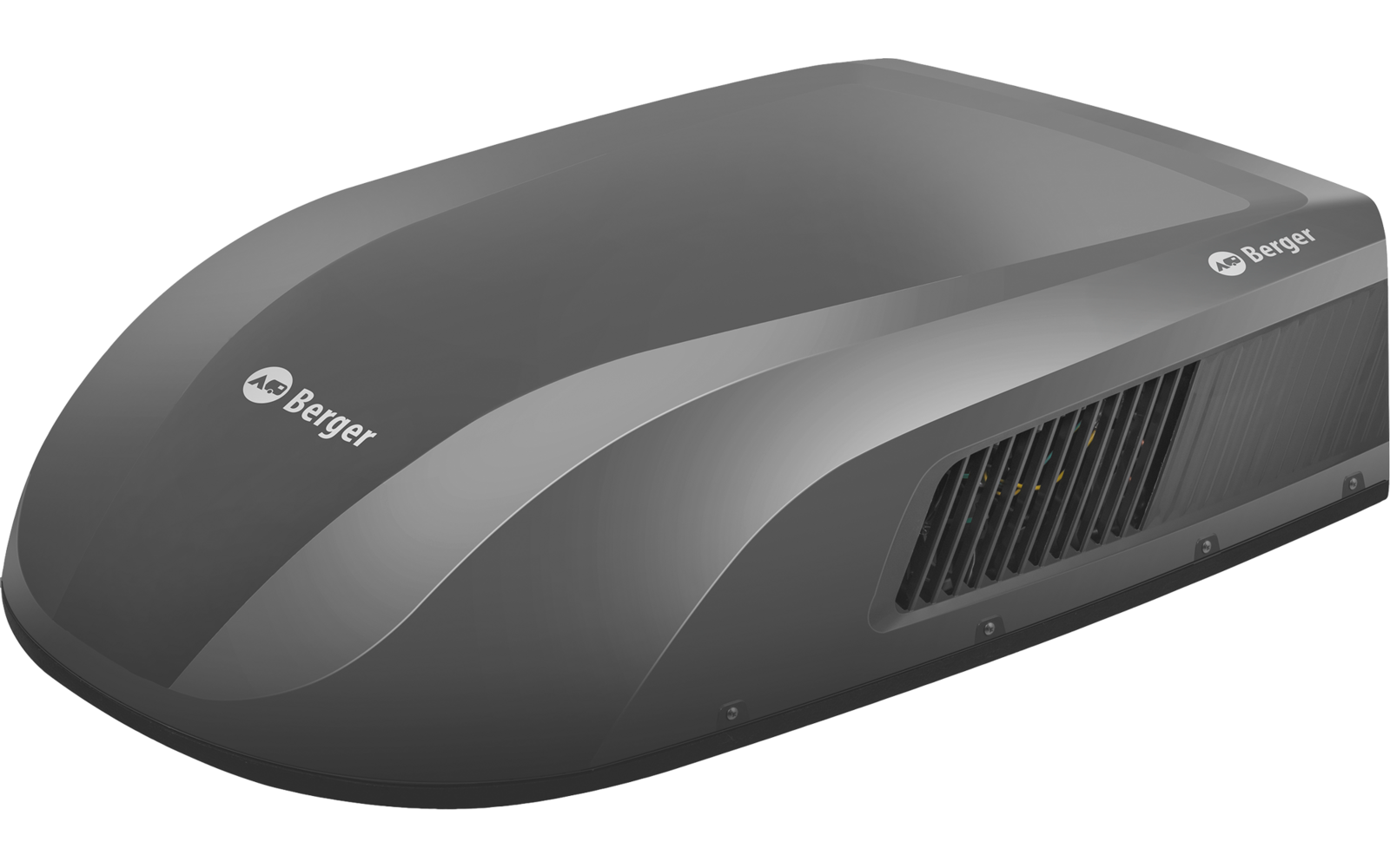 Graues, stromlinienförmiges Gehäuse mit Lüftungsgitter an der Seite und 'Berger'-Logo auf der Oberseite