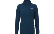 Giacca in pile blu scuro con cerniera lunga, collo alto, due tasche laterali con zip e piccolo logo sul petto sinistro