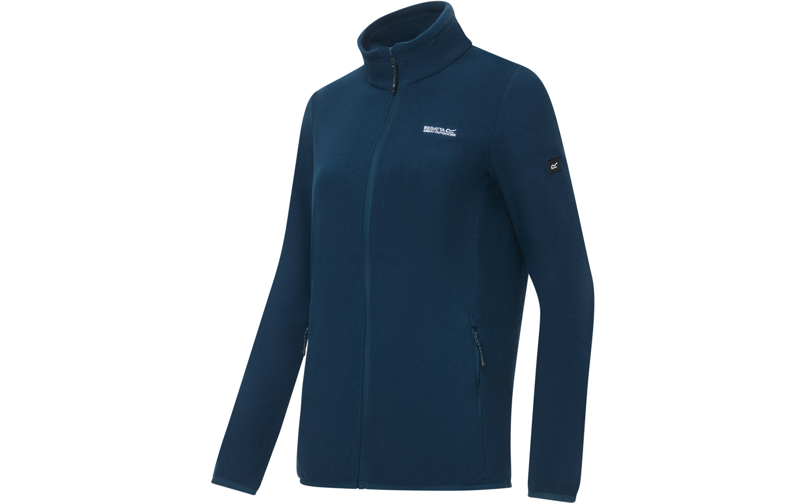 Giacca blu scuro a maniche lunghe con cerniera anteriore completa, collo alto, due tasche laterali con zip, piccolo logo bianco sul petto e toppa rettangolare sulla parte alta della manica