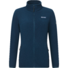 Giacca in pile blu scuro con cerniera lunga, collo alto, due tasche laterali con zip e piccolo logo sul petto sinistro