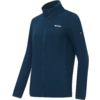 Giacca blu scuro a maniche lunghe con cerniera anteriore completa, collo alto, due tasche laterali con zip, piccolo logo bianco sul petto e toppa rettangolare sulla parte alta della manica