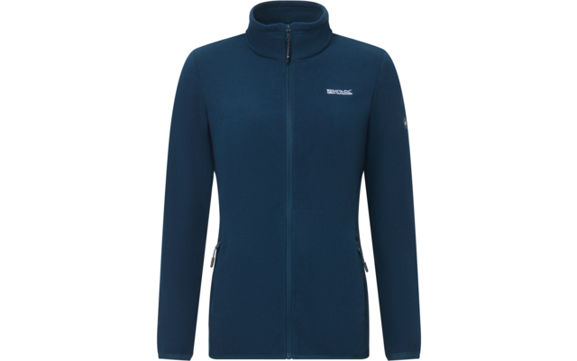 Giacca in pile blu scuro con cerniera lunga, collo alto, due tasche laterali con zip e piccolo logo sul petto sinistro