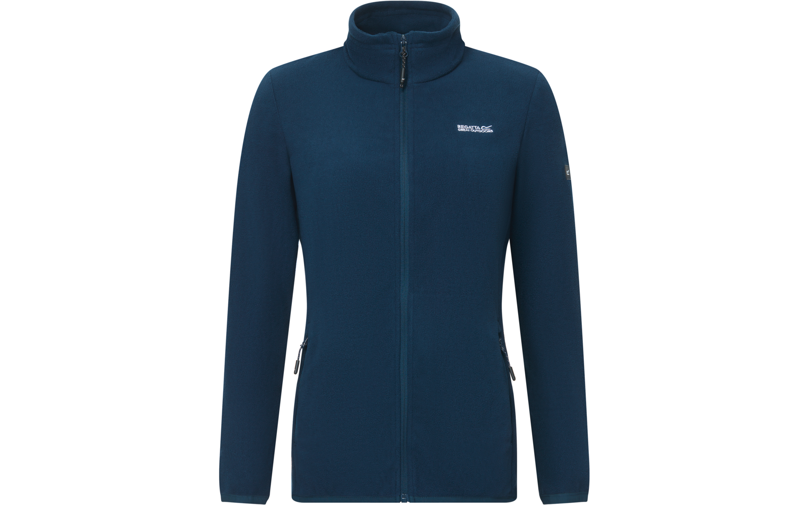 Giacca in pile blu scuro con cerniera lunga, collo alto, due tasche laterali con zip e piccolo logo sul petto sinistro