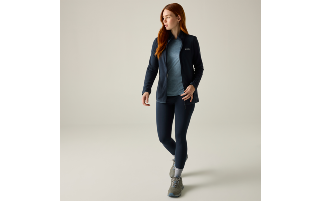 Persona con capelli lunghi rossi che indossa una giacca blu scuro, maglietta blu, leggings blu scuro e scarpe da trekking grigie, in piedi su sfondo chiaro, guarda a destra