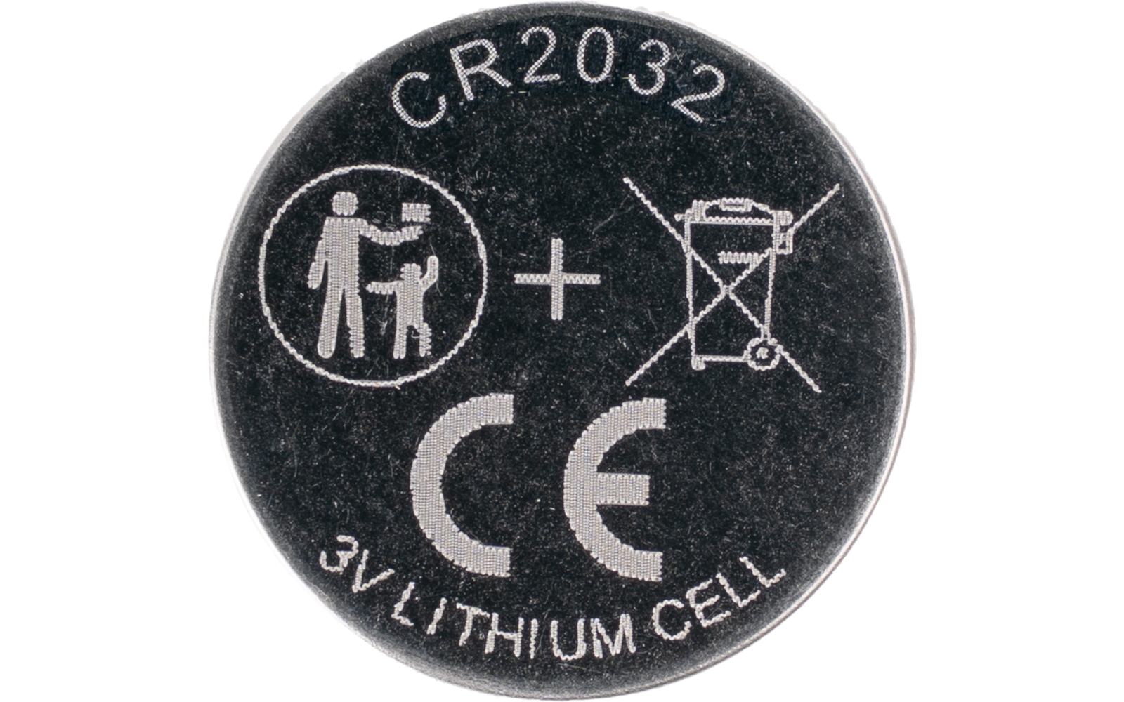 Ronde zilverkleurige batterij met 'CR2032' bovenaan, pictogram van een volwassene en een kind in een cirkel, plusteken, doorgehaalde afvalcontainer met wieltjes, 'CE'-logo en '3V LITHIUM CELL' onderaan
