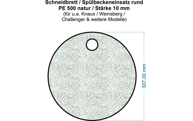 Ronde, korrelig gemêleerde cirkel met een klein rond gat nabij de bovenkant, zwarte rand; rechts een blauwe maatlijn met aanduiding '307,00 mm'; bovenaan meerregelige Duitse producttekst
