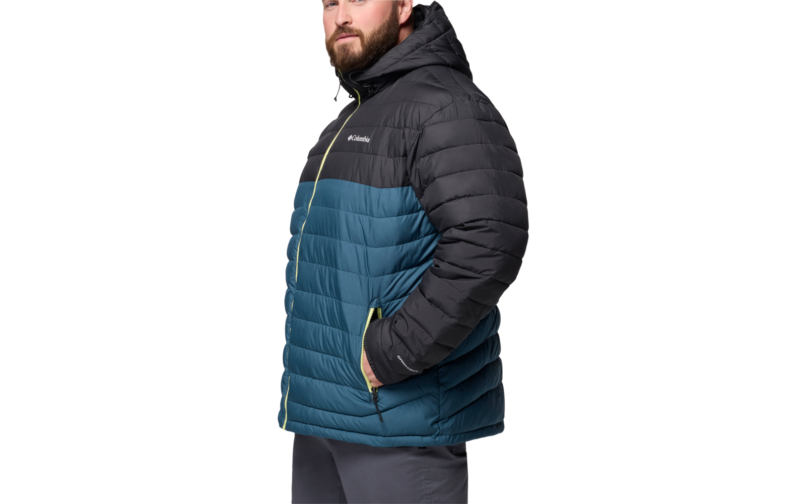Man met blauwe en zwarte winterjas met capuchon