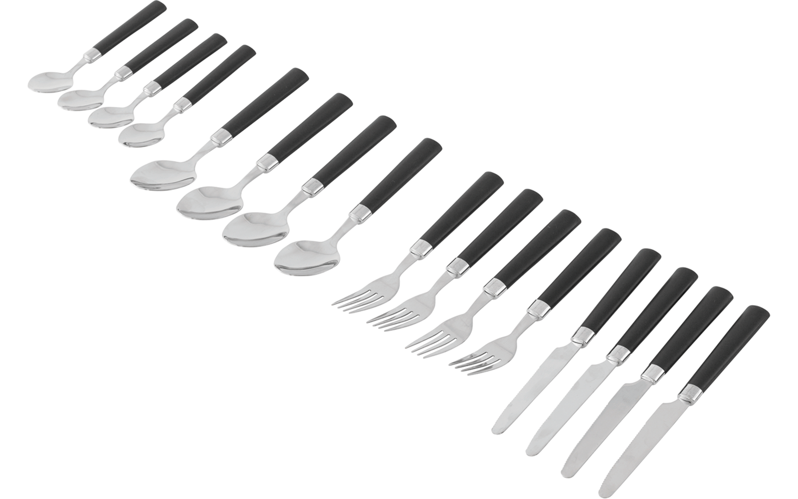 Diagonale Reihe mehrerer Besteckteile (Löffel, Gabeln, Messer) mit schwarzen Griffen und silbernen Metallteilen auf weißem Hintergrund