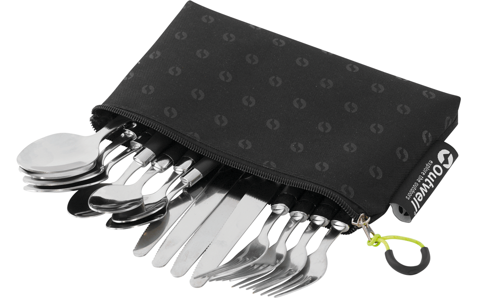 Schwarze Reißverschlusstasche mit teilweise herausragendem Metallbesteck (Löffel, Messer, Gabel) und grünem Reißverschlussanhänger