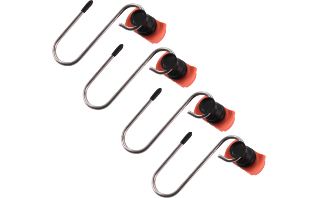 S‑förmige Metallstange mit schwarzem Kunststoffknopf und orangefarbener Gummmanschette