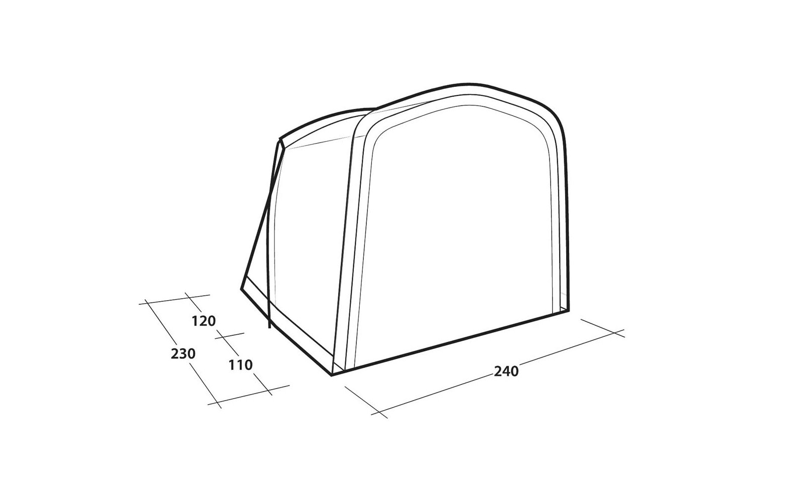 Disegno tecnico a linee di una forma rettangolare tridimensionale con parte superiore arrotondata; quote 240 (anteriore), a sinistra 230, 120, 110