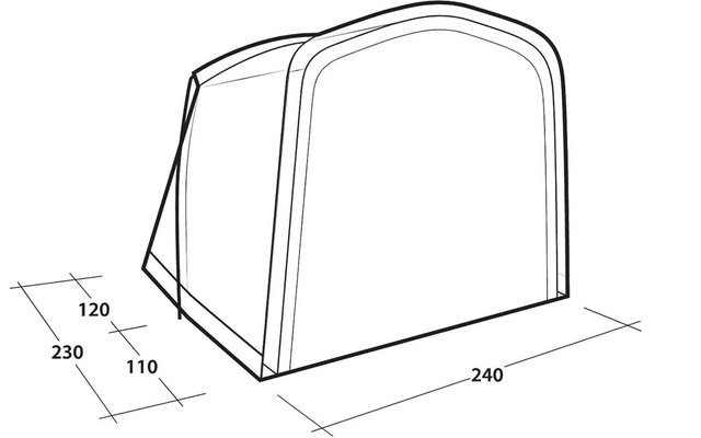 Disegno tecnico a linee di una forma rettangolare tridimensionale con parte superiore arrotondata; quote 240 (anteriore), a sinistra 230, 120, 110