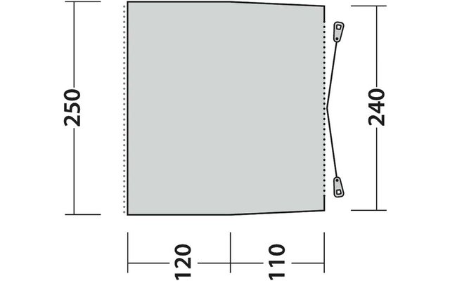 Rettangolo grigio inclinato con bordi puntinati a sinistra e a destra; a destra una cerniera con due cursori collegati da una linea curva; linee di quota verticali con i numeri 250 (sinistra) e 240 (destra); in basso 120 e 110