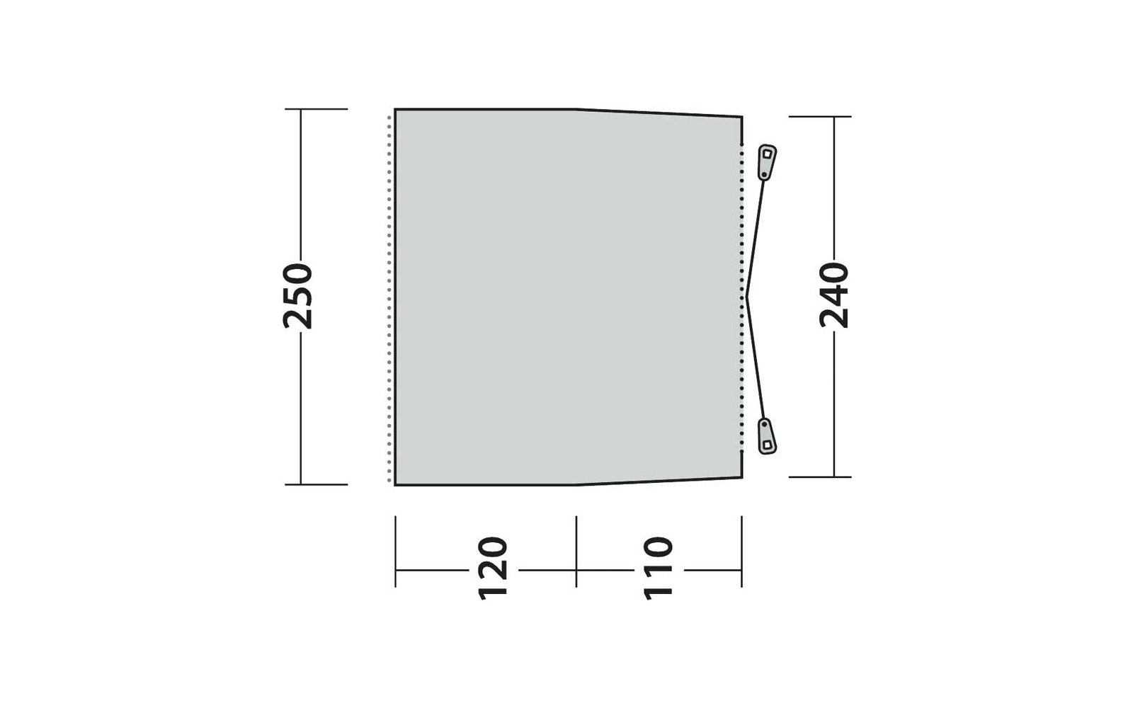 Rettangolo grigio inclinato con bordi puntinati a sinistra e a destra; a destra una cerniera con due cursori collegati da una linea curva; linee di quota verticali con i numeri 250 (sinistra) e 240 (destra); in basso 120 e 110