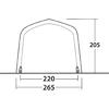Disegno a linee in bianco e nero di una struttura ad arco su una linea del suolo con due piastre di base alle estremità; misure indicate '220' e '265' sotto e '205' a destra