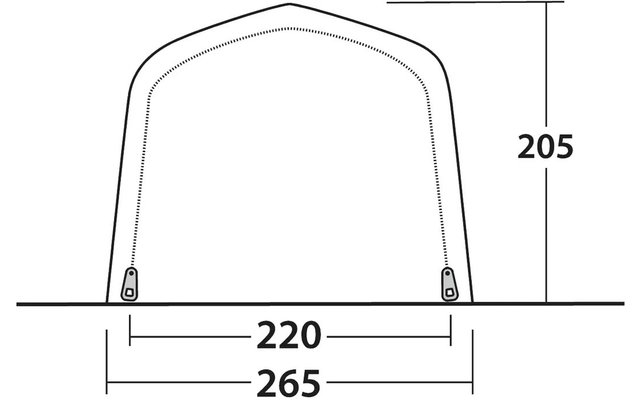 Disegno a linee in bianco e nero di una struttura ad arco su una linea del suolo con due piastre di base alle estremità; misure indicate '220' e '265' sotto e '205' a destra