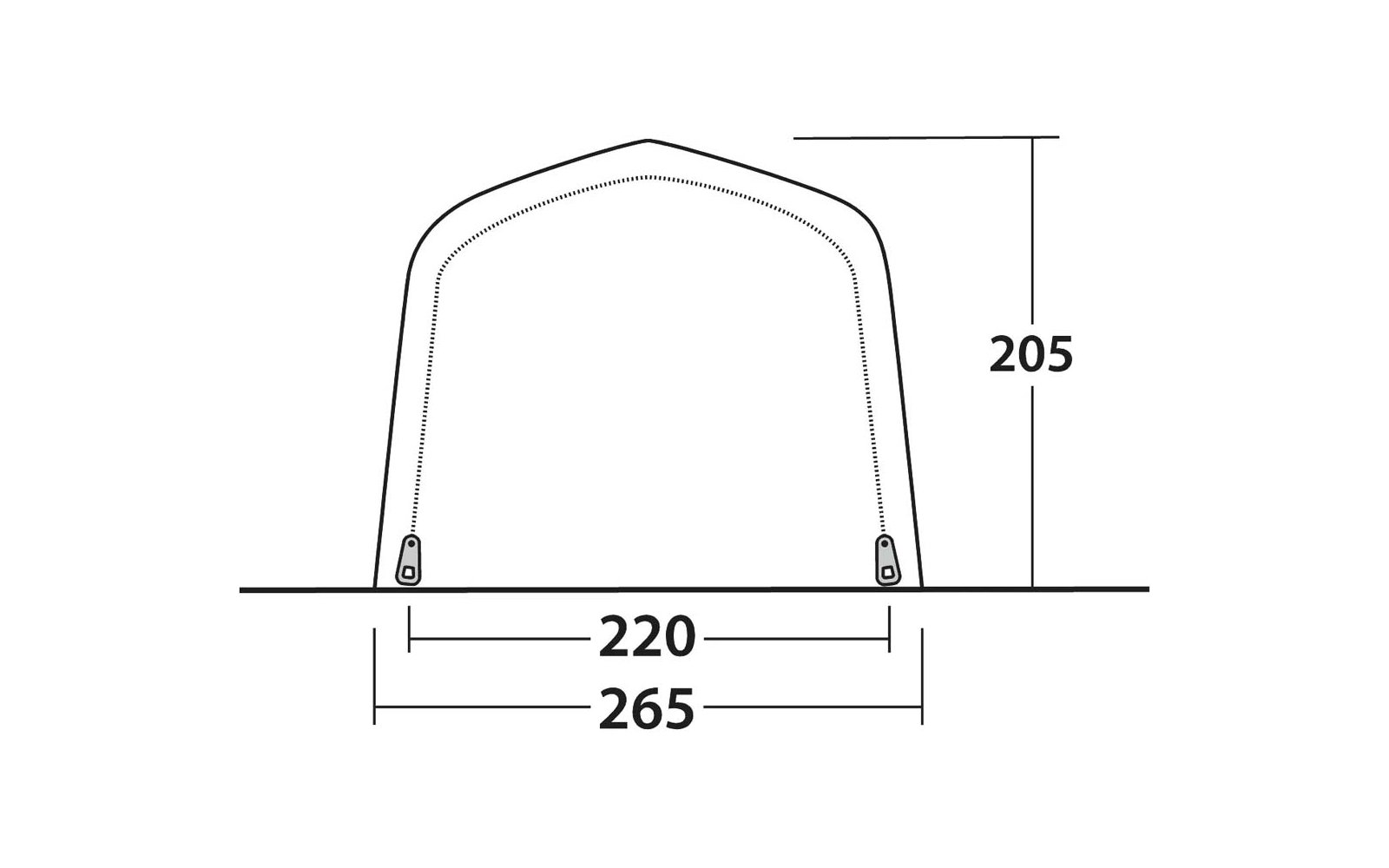 Disegno a linee in bianco e nero di una struttura ad arco su una linea del suolo con due piastre di base alle estremità; misure indicate '220' e '265' sotto e '205' a destra