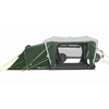 Tenda/tendalino verde e grigio con ingresso centrale aperto, tiranti tesi e una ruota bianca di veicolo visibile dall'apertura
