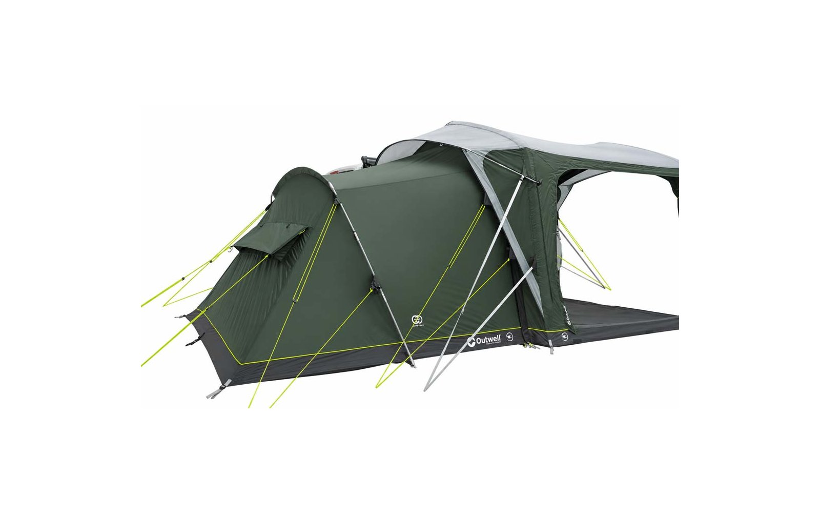Tenda a tunnel verde con portico/tettoia annesso, tiranti gialli e telo a terra grigio su sfondo bianco