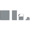 Quatre objets gris sur fond blanc : à gauche un large rectangle plat avec le texte en relief vertical 'BENT', puis un rectangle étroit et haut avec le même relief, à droite une petite pochette rectangulaire avec rabat, bandoulière et rivets le long du bord inférieur, tout à droite une pièce trapézoïdale arrondie avec une découpe