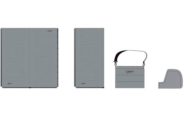 Quatre objets gris sur fond blanc : à gauche un large rectangle plat avec le texte en relief vertical 'BENT', puis un rectangle étroit et haut avec le même relief, à droite une petite pochette rectangulaire avec rabat, bandoulière et rivets le long du bord inférieur, tout à droite une pièce trapézoïdale arrondie avec une découpe