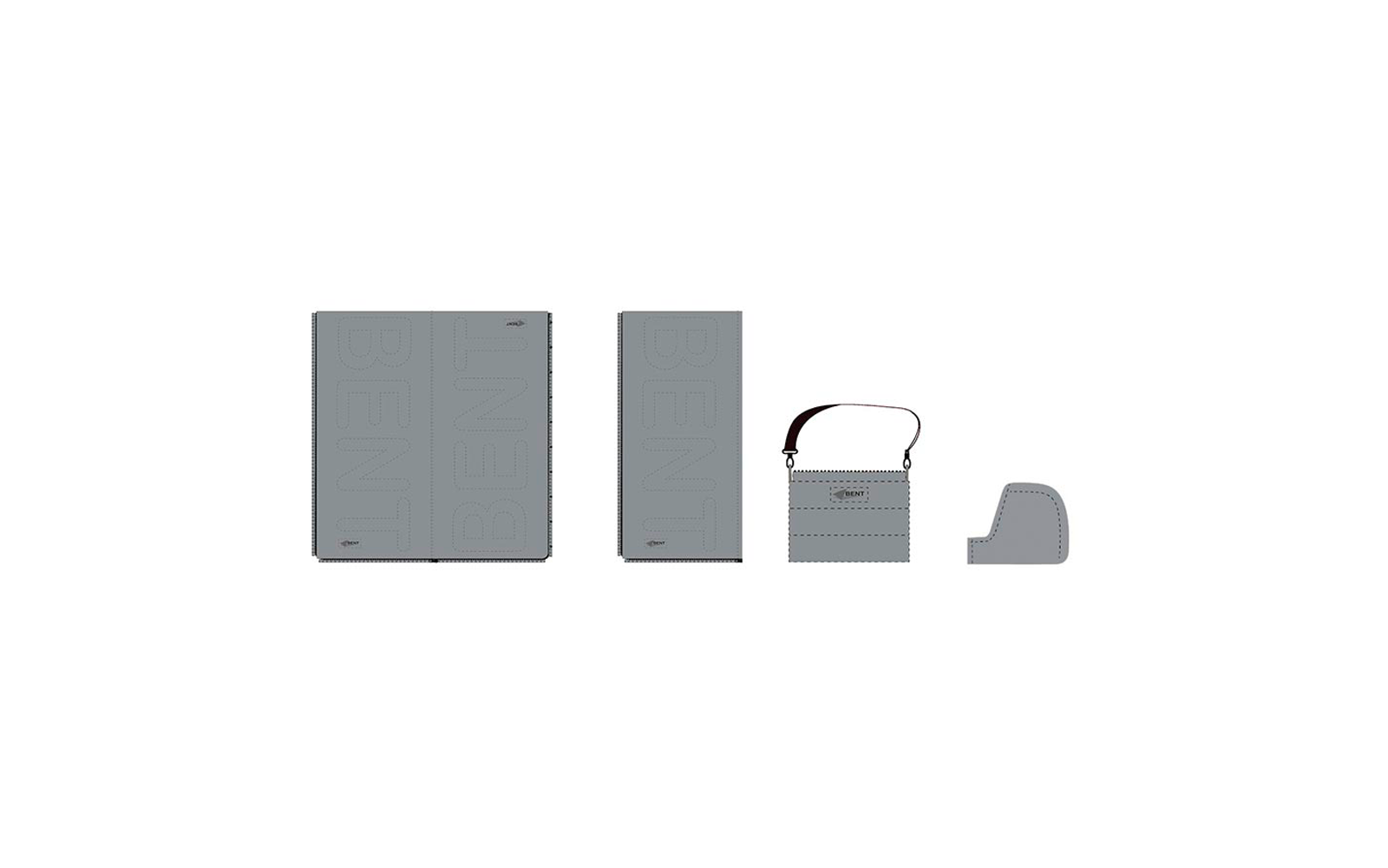 Quatre objets gris sur fond blanc : à gauche un large rectangle plat avec le texte en relief vertical 'BENT', puis un rectangle étroit et haut avec le même relief, à droite une petite pochette rectangulaire avec rabat, bandoulière et rivets le long du bord inférieur, tout à droite une pièce trapézoïdale arrondie avec une découpe
