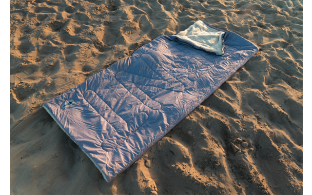 Sac de couchage bleu sur sol sablonneux, en haut un tissu plié, sable avec creux et ombres