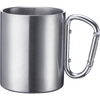 Silver stainless-steel mug with an attached carabiner handle on a white background