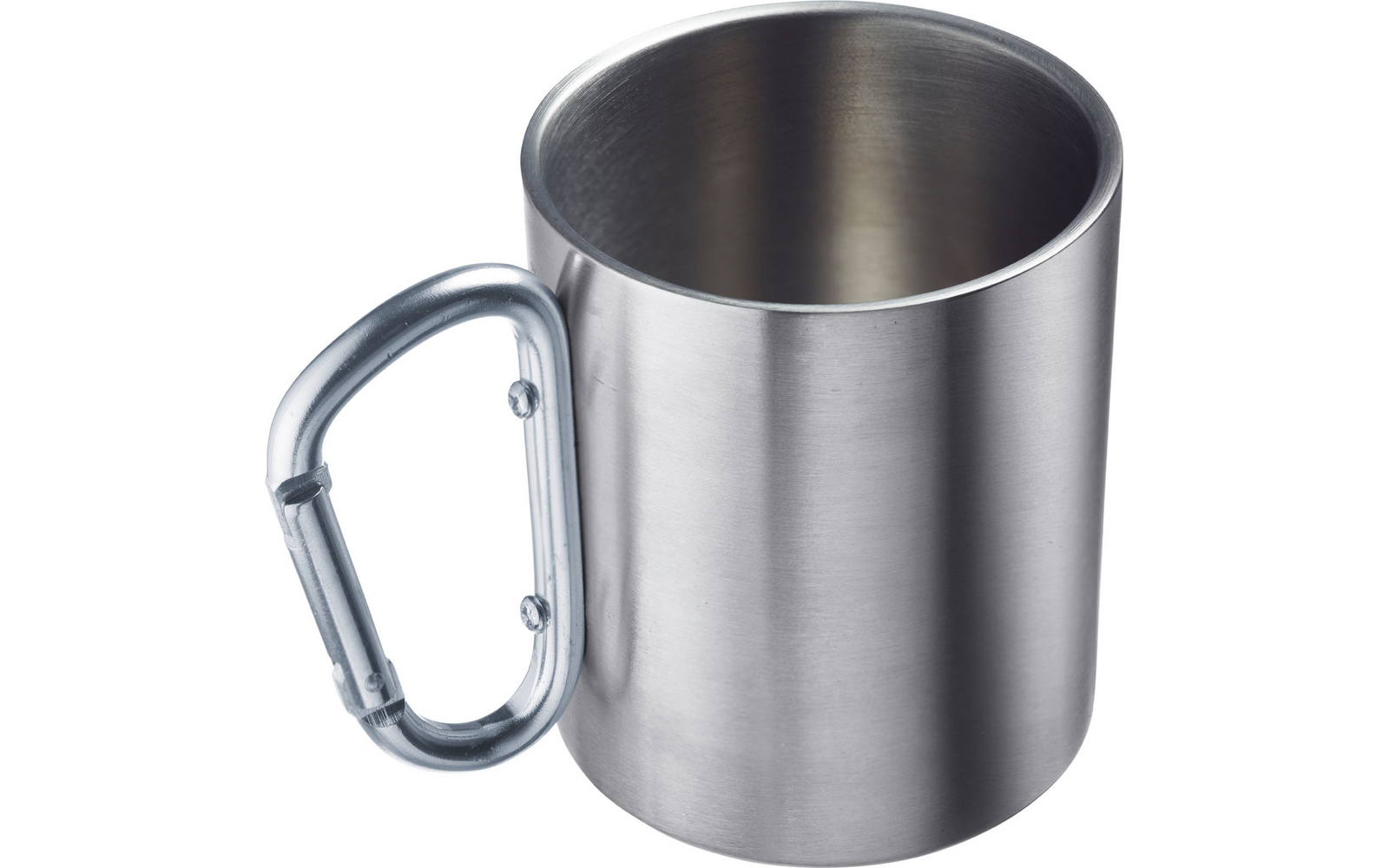 Stainless steel mug with carabiner handle, empty