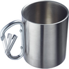 Stainless steel mug with carabiner handle, cylindrical, empty inside, on white background