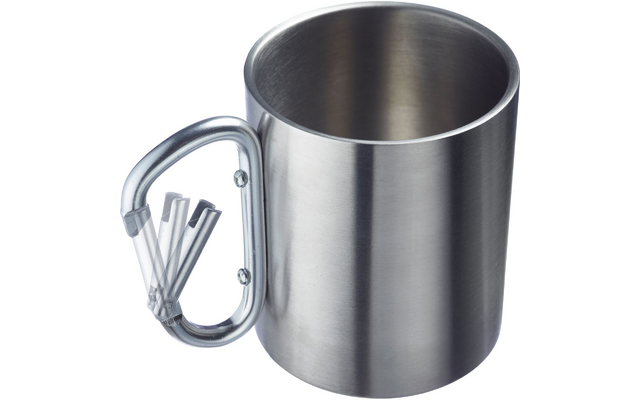 Stainless steel mug with carabiner handle, cylindrical, empty inside, on white background
