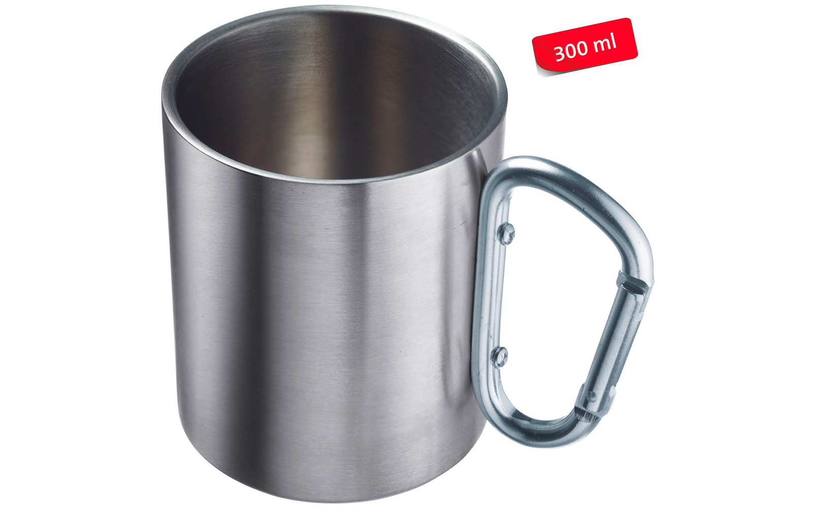 Stainless steel mug with open top and carabiner-shaped handle, red label '300 ml' at top right