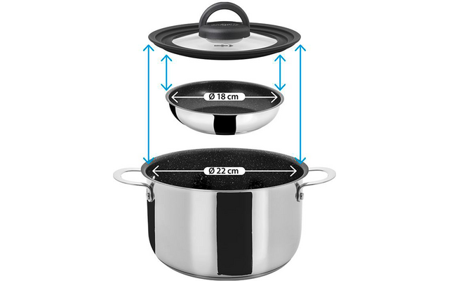 Marmite en acier inoxydable avec deux poignées latérales, au-dessus un bol intérieur noir étiqueté "Ø 18 cm" et au-dessus un couvercle en verre avec poignée noire; des flèches doubles bleues indiquent les distances verticales, des flèches blanches "Ø 22 cm" et "Ø 18 cm" marquent les diamètres