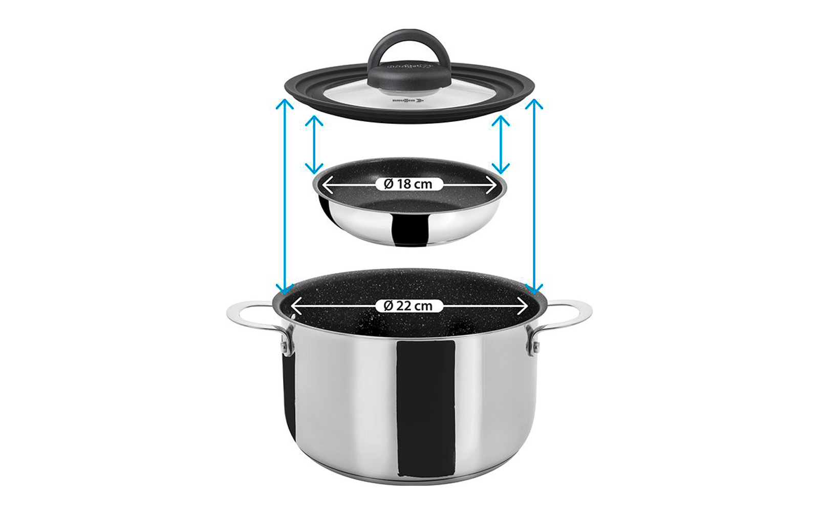Marmite en acier inoxydable avec deux poignées latérales, au-dessus un bol intérieur noir étiqueté "Ø 18 cm" et au-dessus un couvercle en verre avec poignée noire; des flèches doubles bleues indiquent les distances verticales, des flèches blanches "Ø 22 cm" et "Ø 18 cm" marquent les diamètres