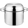 Casserole métallique brillante de forme cylindrique avec deux poignées latérales et un couvercle ajusté, surface réfléchissante