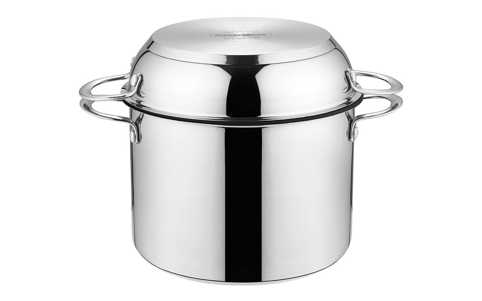 Casserole métallique brillante de forme cylindrique avec deux poignées latérales et un couvercle ajusté, surface réfléchissante