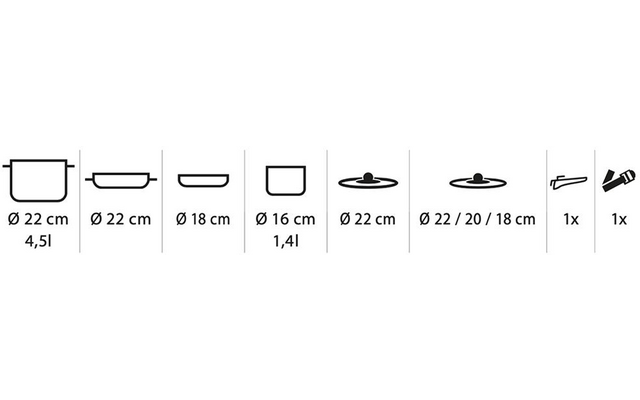 Six icônes d'ustensiles de cuisson avec indications de diamètre (première : 'Ø 22 cm 4,5 l', dernière : 'Ø 22 / 20 / 18 cm') et à droite deux ustensiles de cuisine marqués '1x'