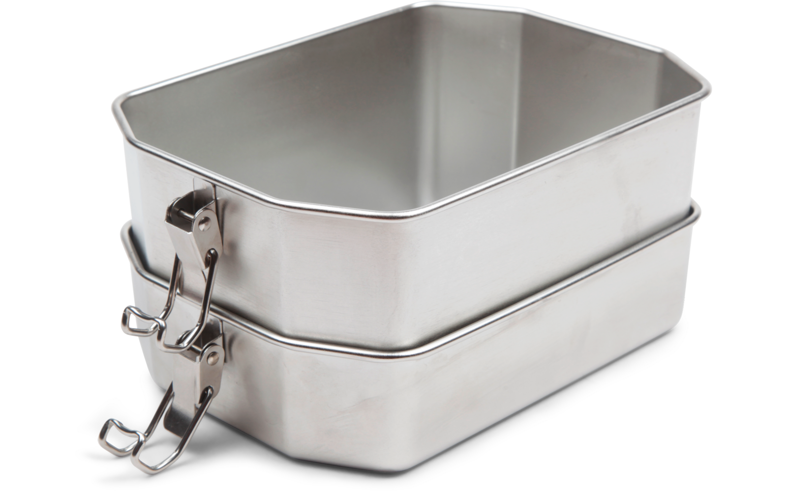 Deux boîtes métalliques rectangulaires argentées empilées avec fermoirs latéraux