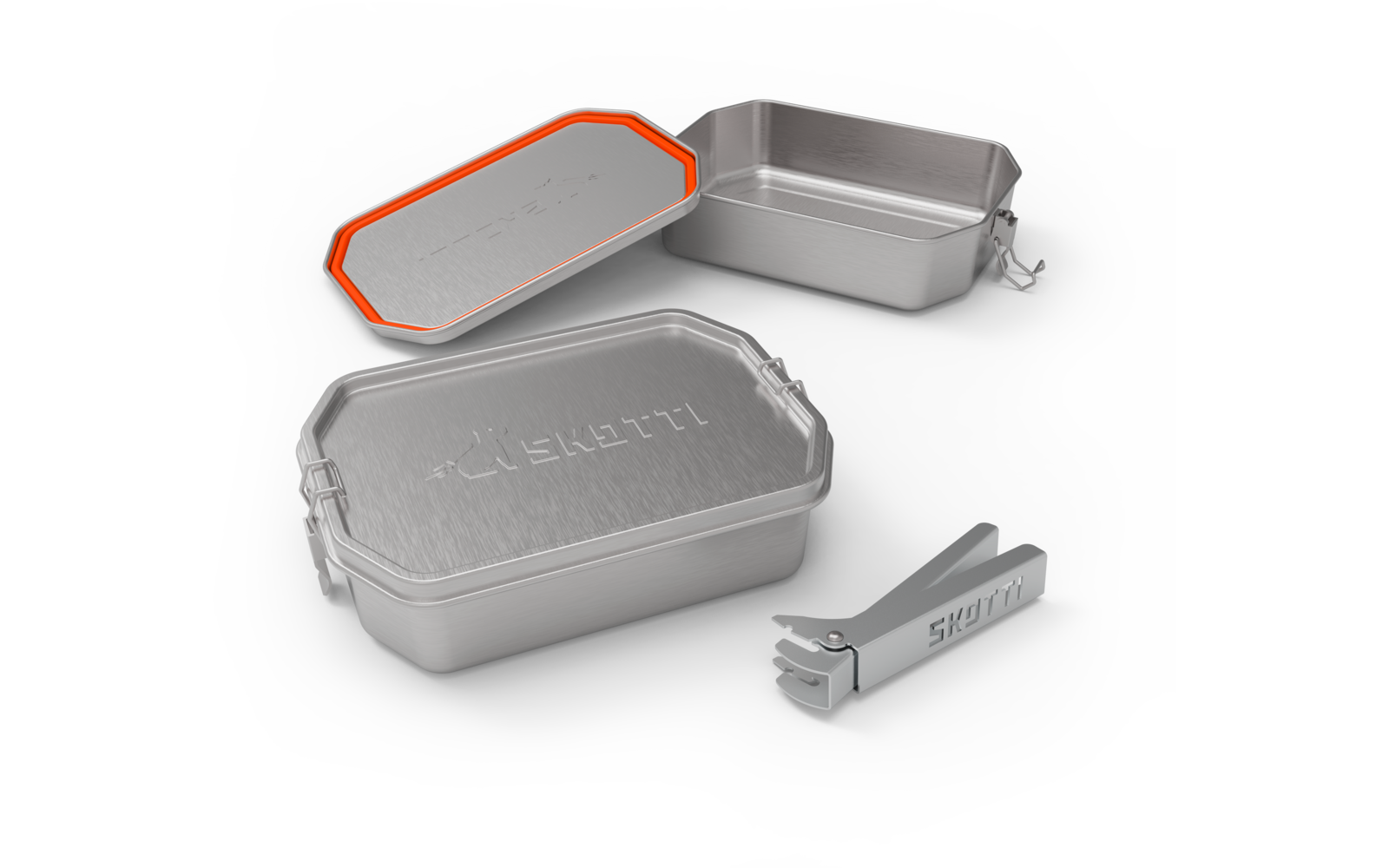 Deux boîtes rectangulaires en acier inoxydable avec leurs couvercles ; un couvercle avec joint orange est posé à côté d'une boîte ouverte, l'autre boîte est fermée ; une petite pince métallique pliable est à côté