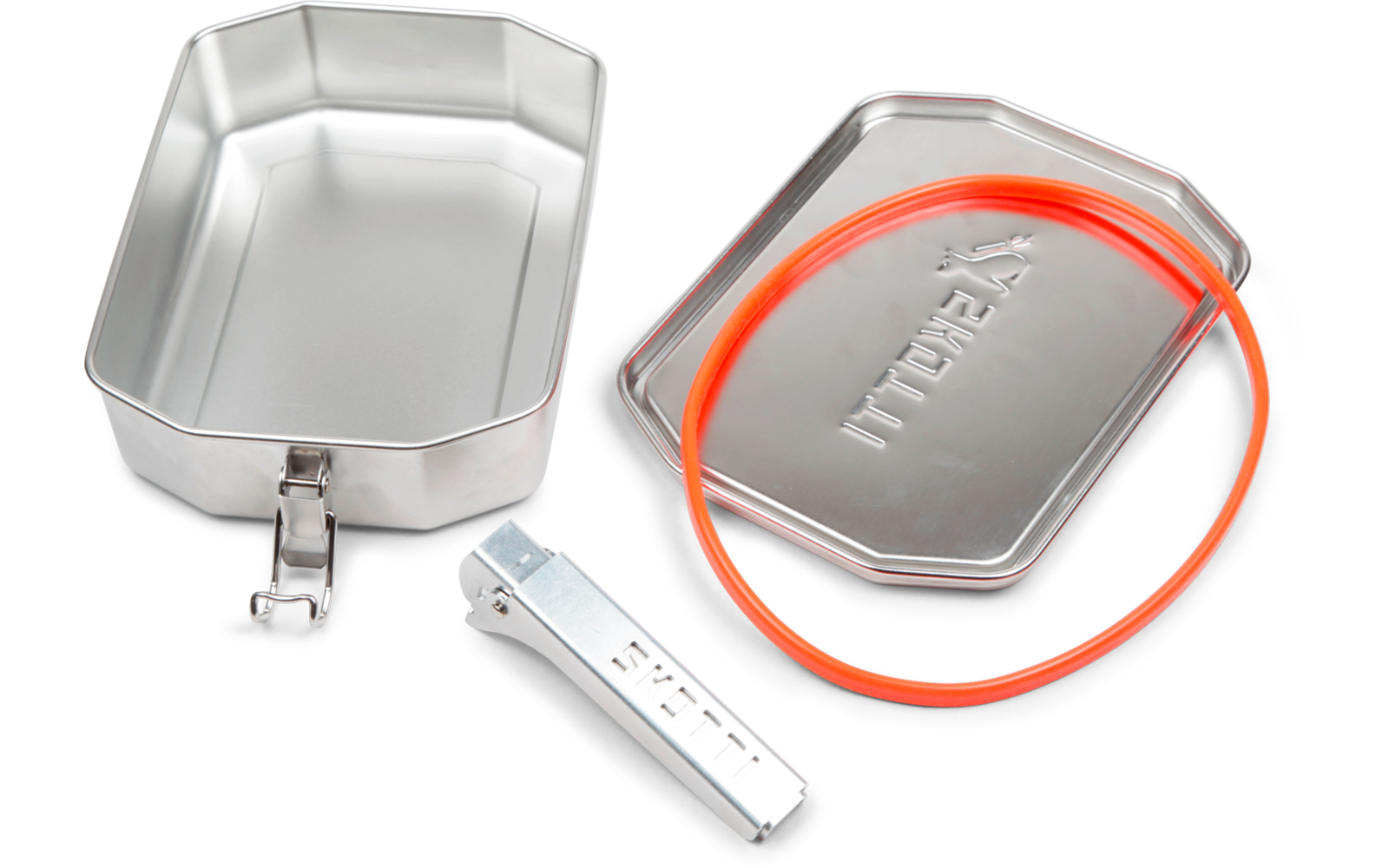 Contenant rectangulaire en métal ouvert, couvercle métallique assorti, anneau orange séparé et poignée métallique à côté